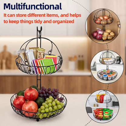 2-Tier Iron Countertop Fruit Vegetables Basket Bowl Storage With Banana Hanger & Detachable Fruit Basket, Black