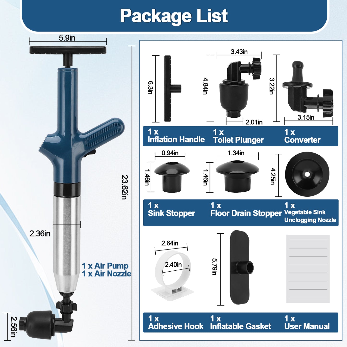 Toilet Plunge Blaster, High-Pressure Air Drain Blaster Plunge Blaster Multi-drain Unclogger For Toilets, Bathroom Floor, Drain Sinks And Plumbing Clogs,Blue