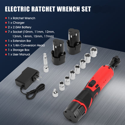 3/8" Extended Cordless Ratchet Wrench Set, 40N.m Power Ratchet Kit w/12V 2x2.0Ah Batteries,7 Sockets,1/4 Adaptor, Extension Bar for Housework, Car Repair
