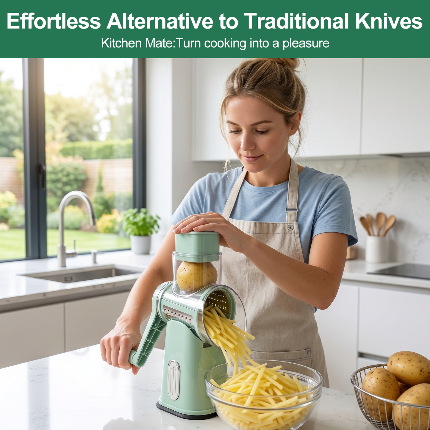 Handle Rotary Cheese Grater with Interchangeable 5 Blades, Suction Base, Mandoline Slicer & Veg Shredder with Blade Storage Box,Green