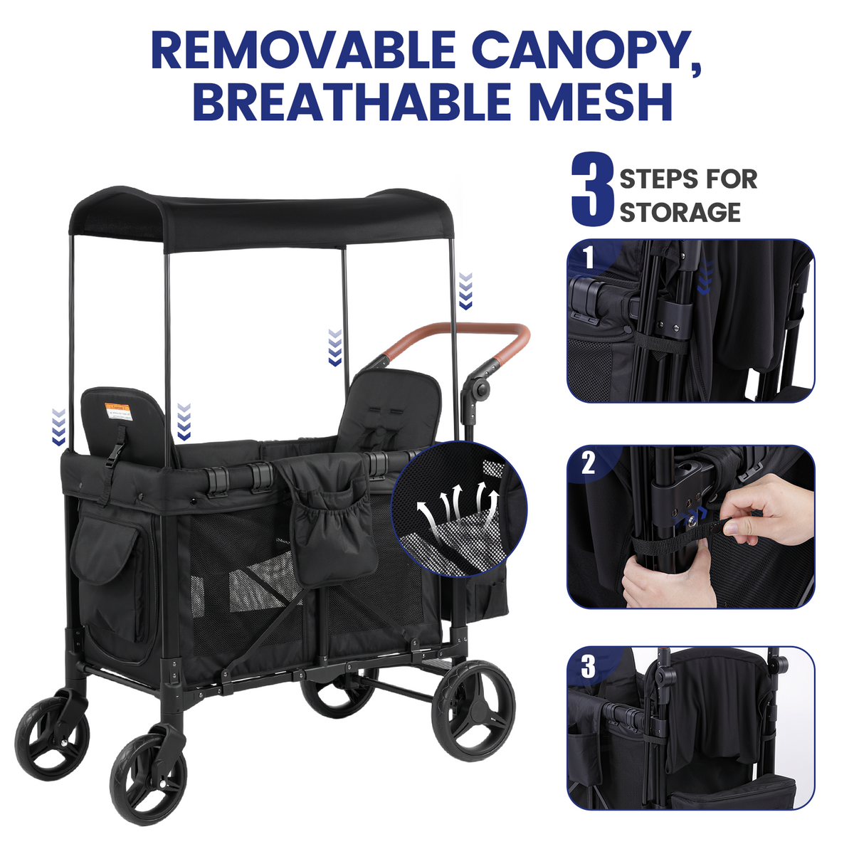 Wagon Stroller for 2 Kids, Outdoor Baby Stroller Wagon with Canopy, 5-Point Harness, Adjustable Handlebars for Toddlers, Black
