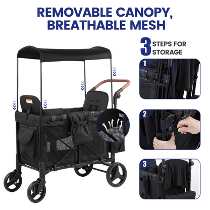 Wagon Stroller for 2 Kids, Outdoor Baby Stroller Wagon with Canopy, 5-Point Harness, Adjustable Handlebars for Toddlers, Black