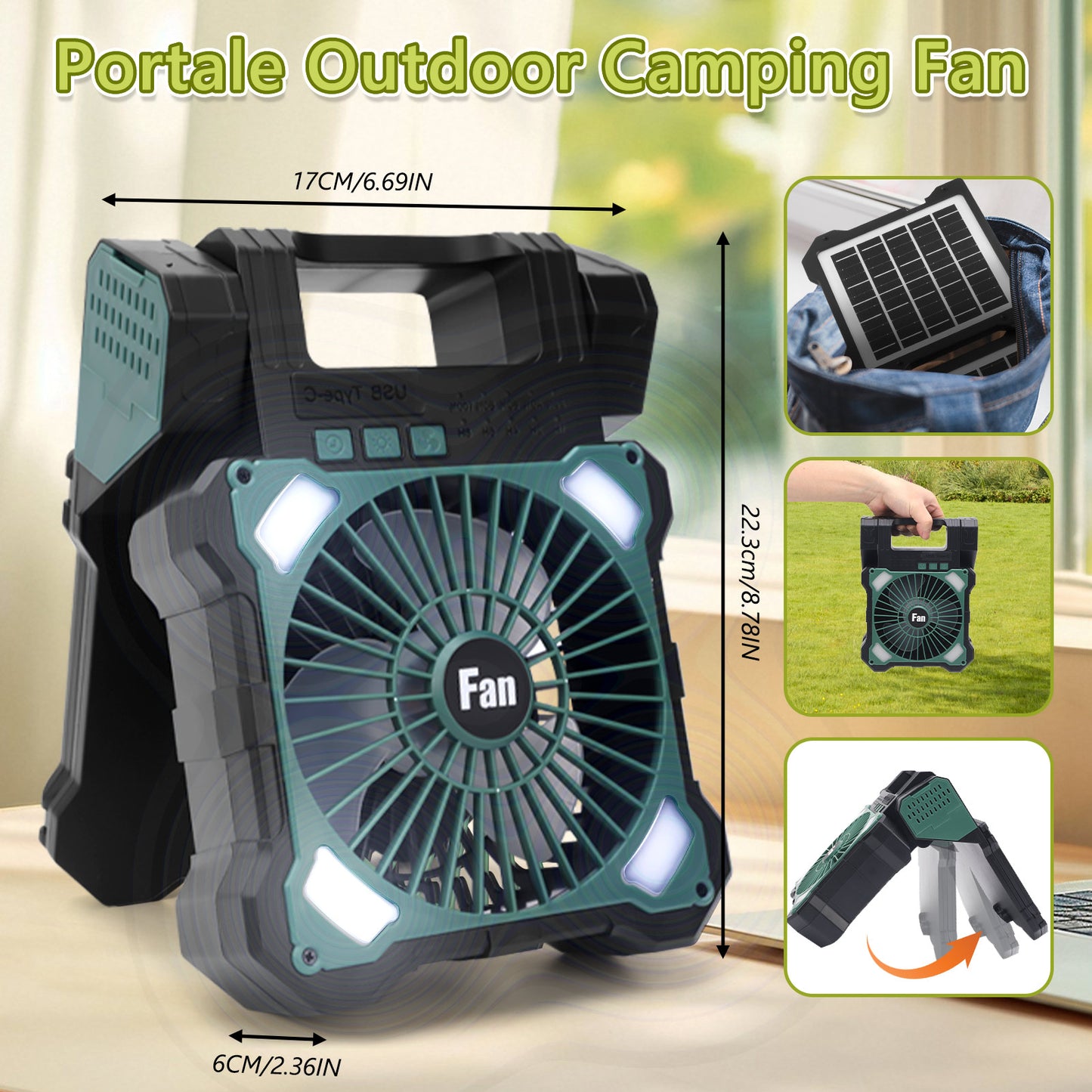 10000mAh Solar Camping Fan with Power Bank & Light, 5 Speeds USB Rechargeable Solar Powered Fan with Timer, 90° Foldable Portable Quiet Desk Fan for Hiking Power Outage Fishing Travel BBQ