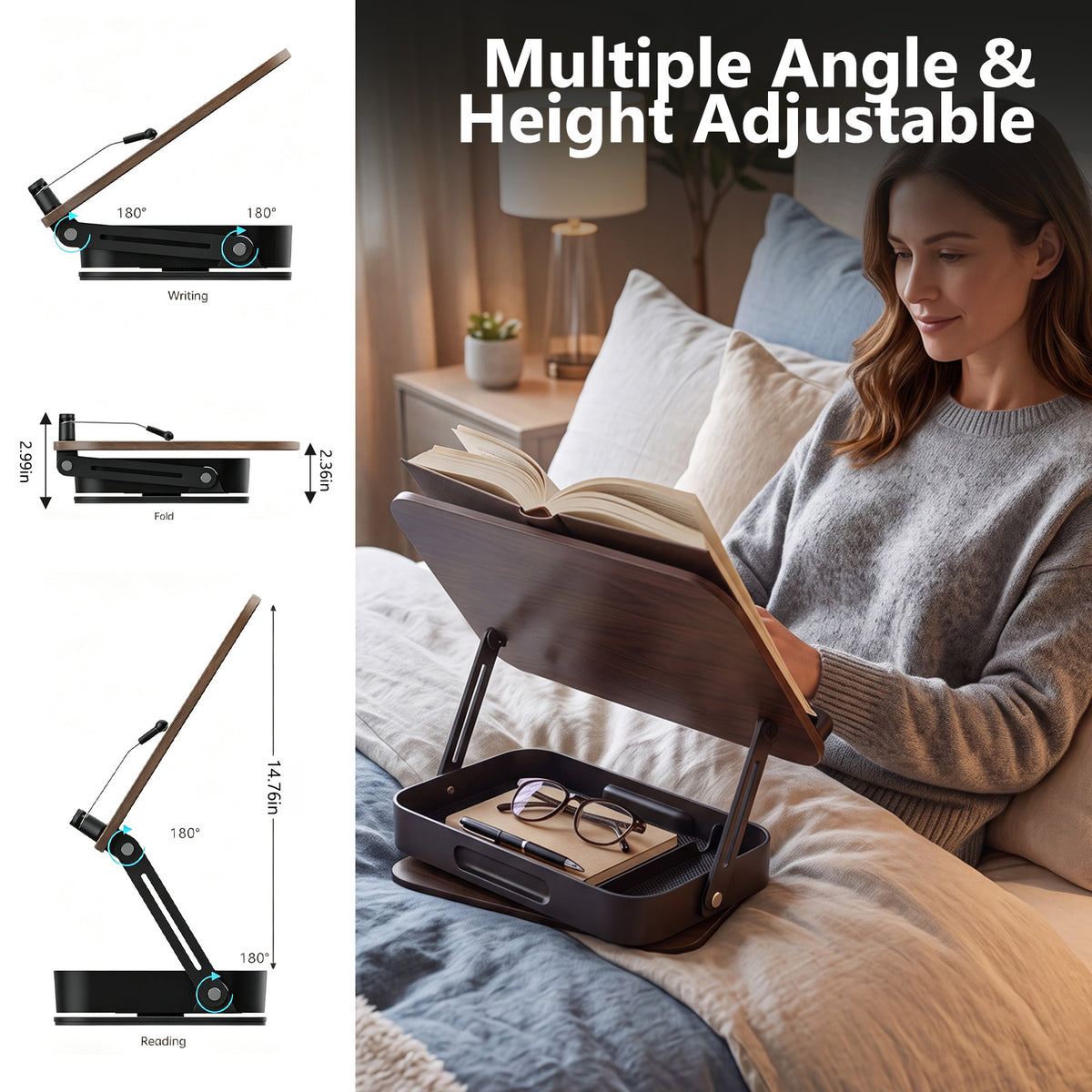 Foldable Wooden Book Stand with Storage,360° Rotating Book Holder for Kitchen Counter, Reading Stand for Desk, Recipe Stand, Book Prop for Book Lovers