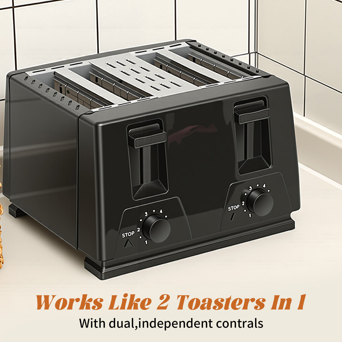 4 Slice Toaster - Stainless Steel Bagel Toaster with Dual Control Panels, 6 Shade Settings,Black