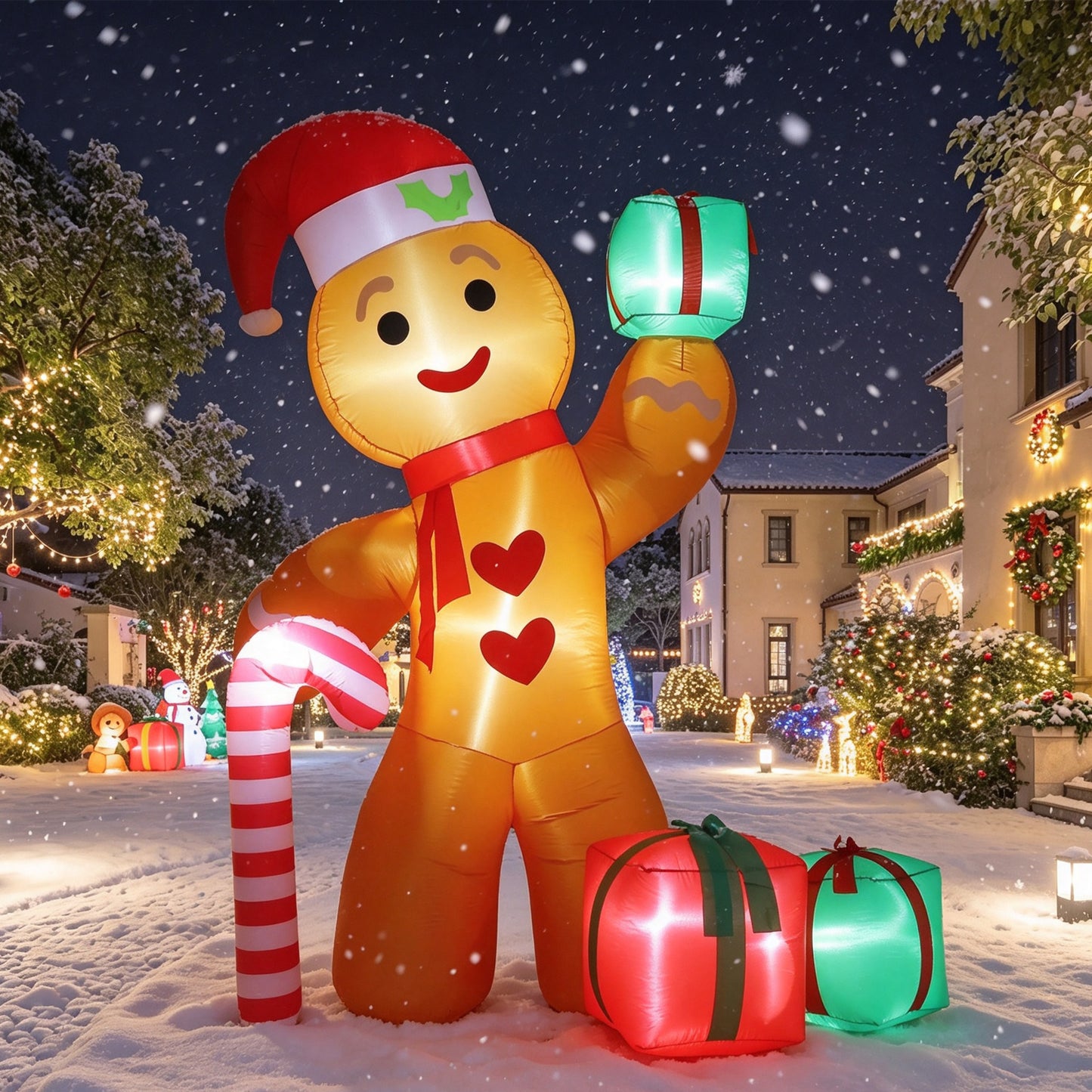 8FT Inflatable Gingerbread Man with Candy Cane and T8FT Inflatable Gingerbread Man with Candy Cane and Three Gift Boxes,LED Lighted Christmas Decoration Indoor and Outdoorhree Gift Boxes,LED Lighted Christmas Decoration Indoor and Outdoor