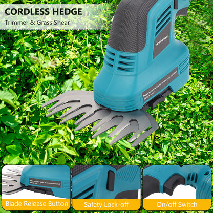 20V Cordless Hedge Trimmer- 2 In 1 Electric Handheld Grass Shear & Shrubbery Trimmer Kit, Hedge Shear W/ 2PCS Rechargeable Battery Lightweight For Bush, Lawn, Patio, Tree, Garden, Yard