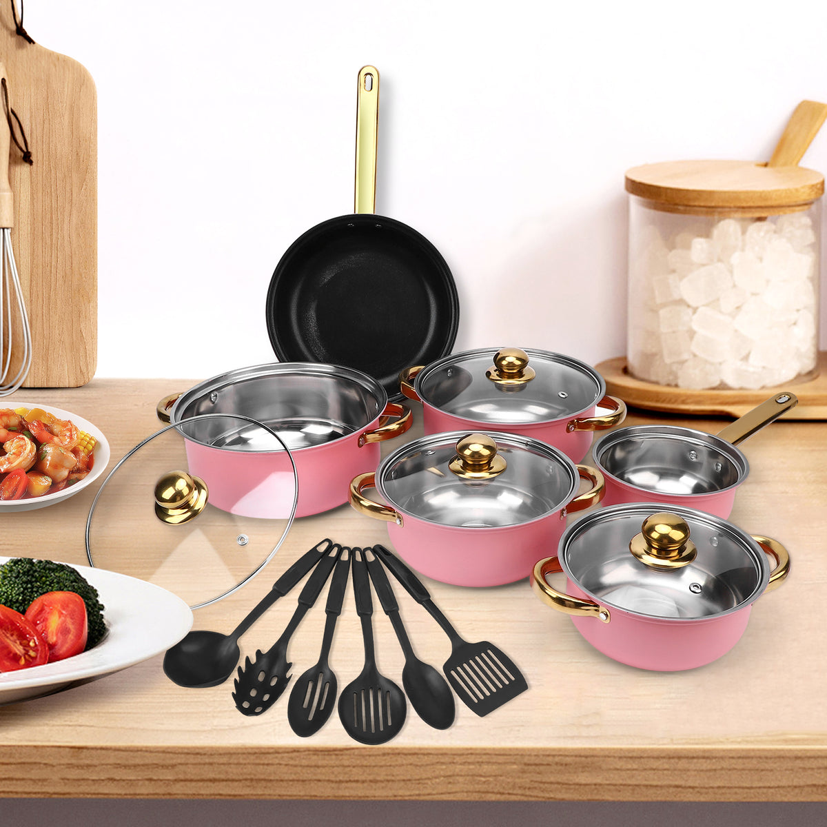 18Pcs Stainless Steel Cookware Set, Nonstick Pots and Pans Cooking Utensils Set with Gold Plated Handles for Kitchen, Pink