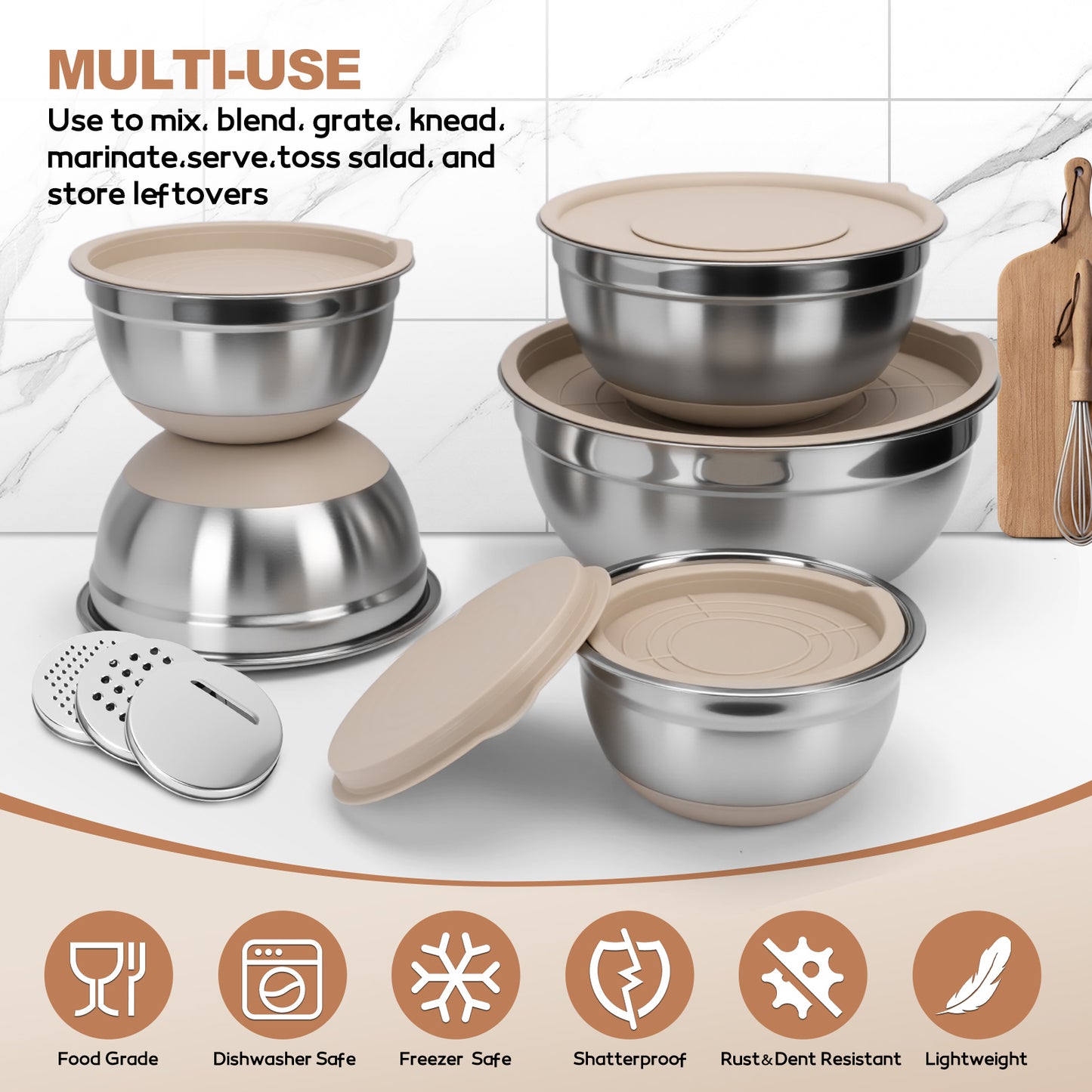 Mixing Bowls with Airtight Lids, 32Pcs Stainless Steel Nesting Non-Slip Bottoms Mixing Serving Bowls Set wtih 3 Grater & Tools Gadgets, 7/4/2.5/2.5/1.5/1QT Metal Salad Bowls for Mixing & Serving