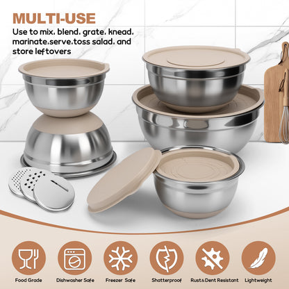 Mixing Bowls with Airtight Lids, 32Pcs Stainless Steel Nesting Non-Slip Bottoms Mixing Serving Bowls Set wtih 3 Grater & Tools Gadgets, 7/4/2.5/2.5/1.5/1QT Metal Salad Bowls for Mixing & Serving