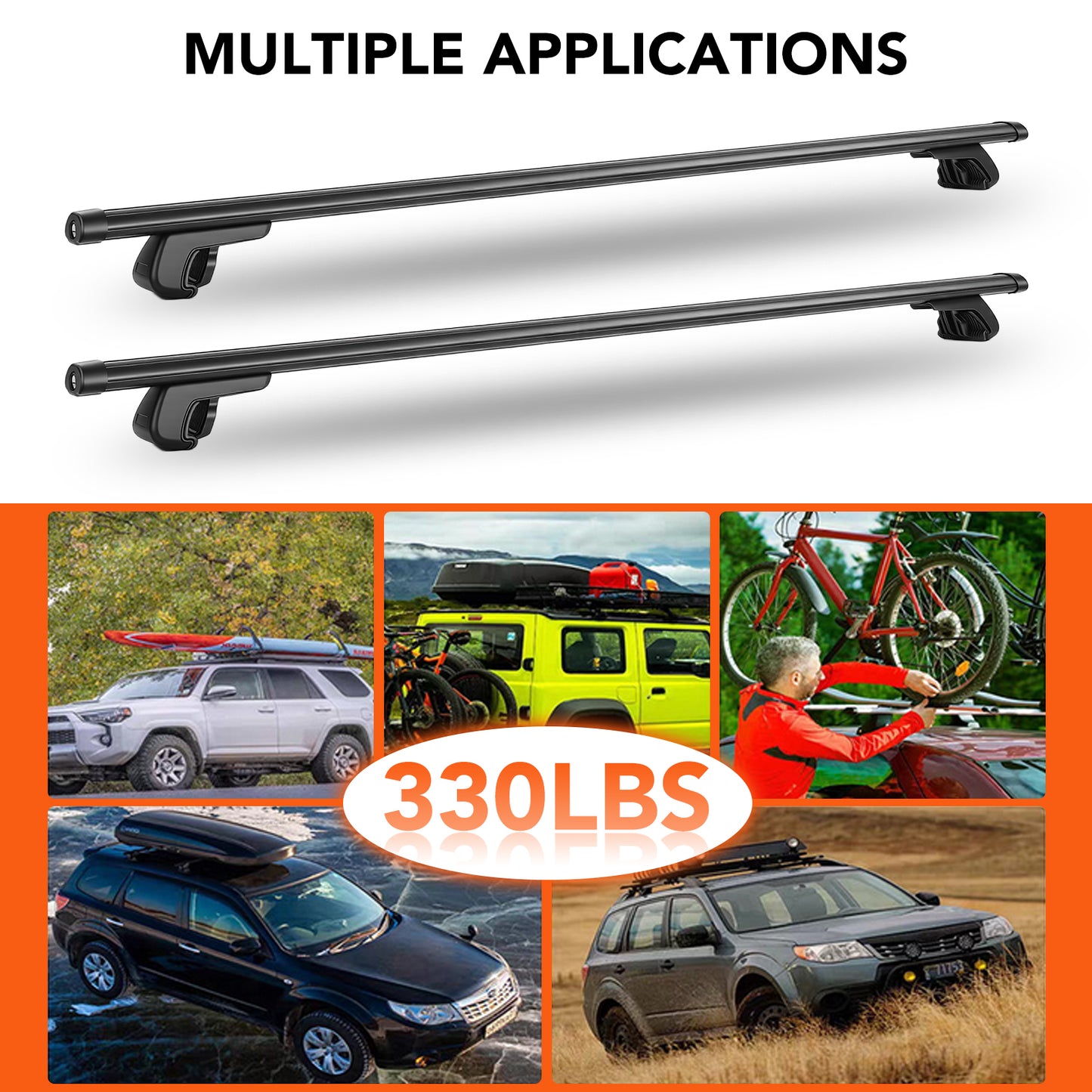 Universal Roof Rack Cross Bars, 2Pcs 51" Aluminum, 330 lbs, Adjustable with Locks for Suv/Car Cargo Carrier Rails, Black