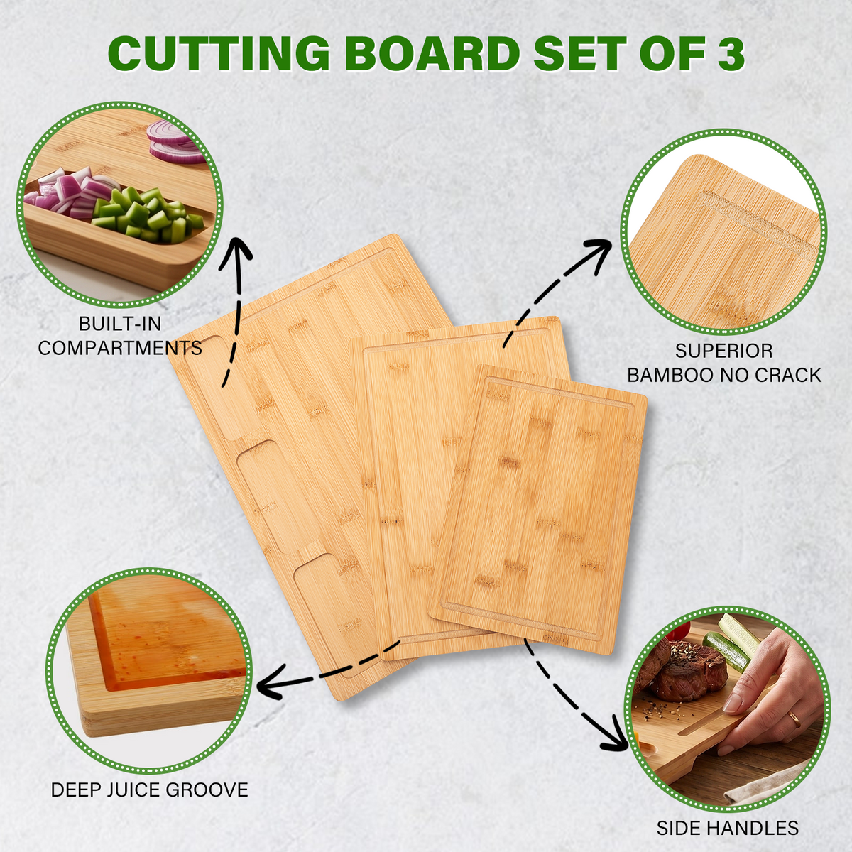 3 Sizes Bamboo Cutting Board Set with Juice Groove & Side Storage Slots, Heavy Duty Wooden Kitchen Chopping Boards for Meat Vegetable Fruit