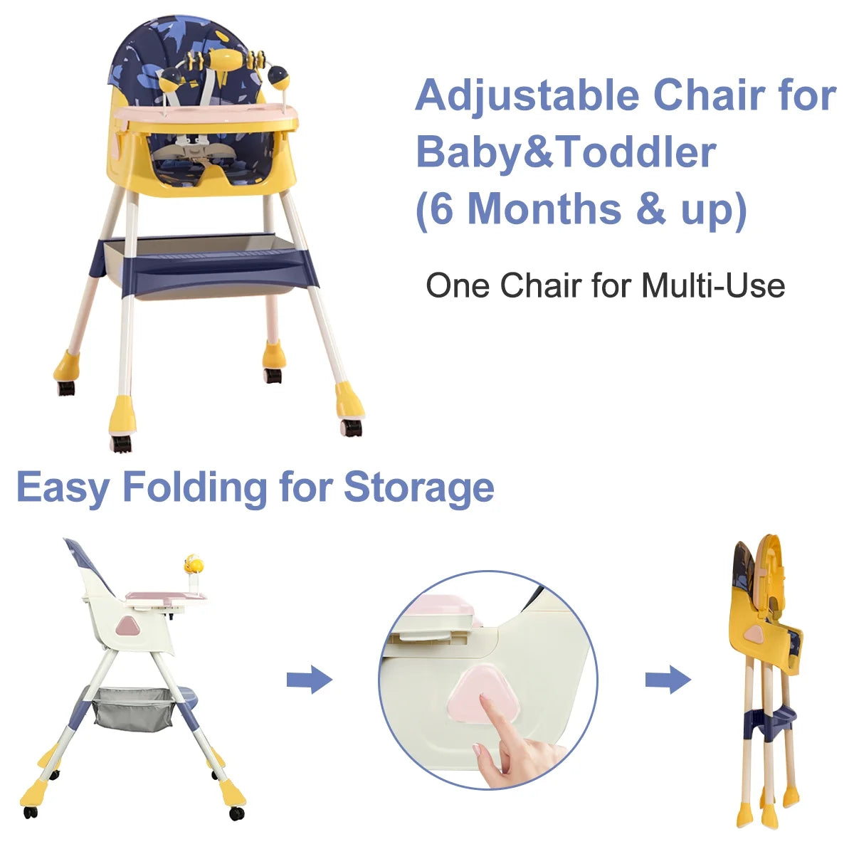 4-in-1 Folding Baby High Chair with Wheels & Tray, Adjustable Booster Seat Convertible High Chairs for Babies Toddlers 6 Months to 5 Years