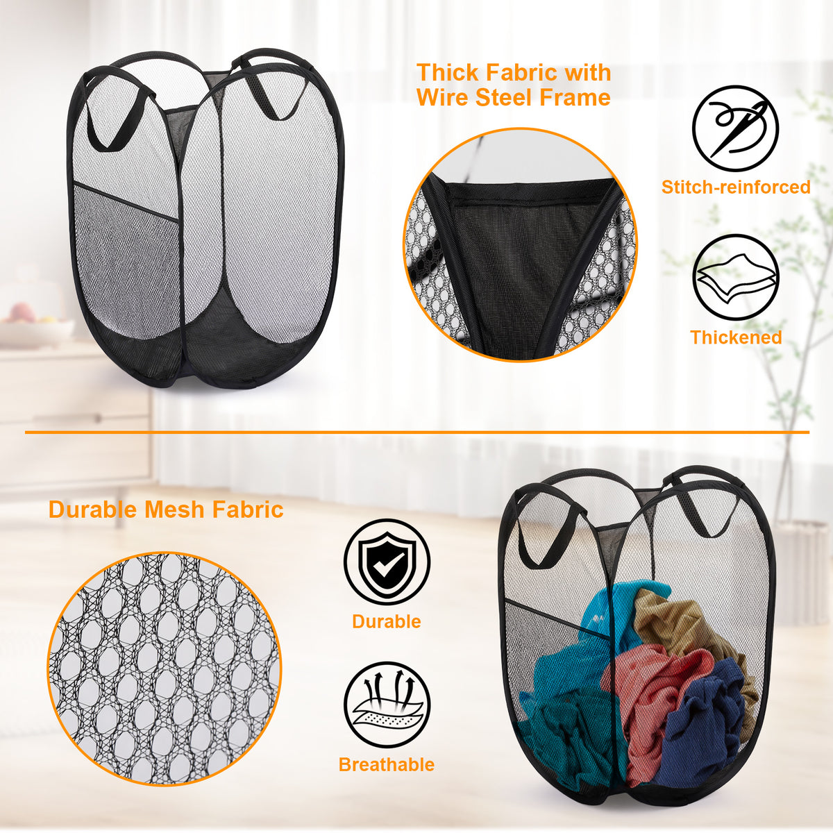 Collapsible Mesh Pop Up Laundry Hamper with Sturdy Handles - Portable Foldable Clothes Baskets for Dorm, Bathroom & Travel Storage (Black, 4 Packs)