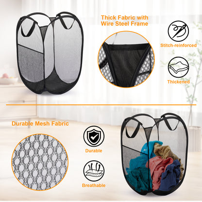 Collapsible Mesh Pop Up Laundry Hamper with Sturdy Handles - Portable Foldable Clothes Baskets for Dorm, Bathroom & Travel Storage (Black, 4 Packs)