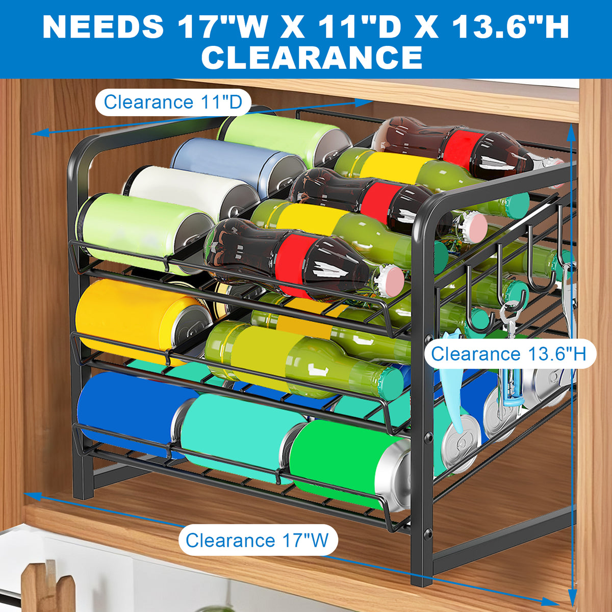 Stackable Can Rack Organizer, 3-Tier Carbon Steel Shelf – Holds Up to 36 Cans W/6 Hooks, 17" W x 11" D x 13.6" H – Pantry Cabinet Food Storage Dispenser,Black