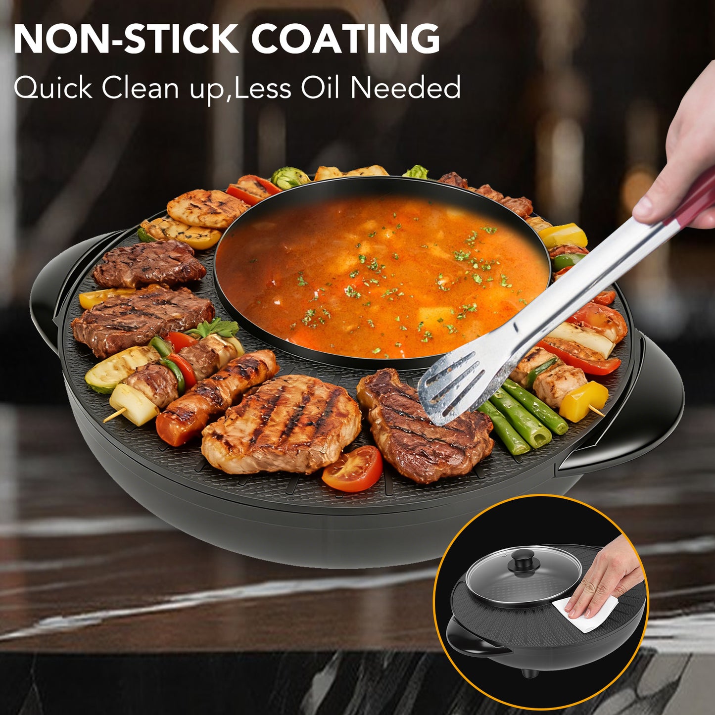 2‑in‑1 Electric Hot Pot and Grill Combo, Smokeless Indoor Korean BBQ & Shabu Shabu Pot, Non‑Stick Countertop Cooker 5-Temp Control for Family Dinner Party, Black
