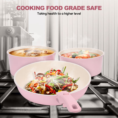 17 Piece Ceramic Pots and Pans Set, Nonstick Cookware Set with Detachable Handles, Oven Safe to 480°F, Induction Compatible, Stackable RV Kitchen Cooking Set, Pink