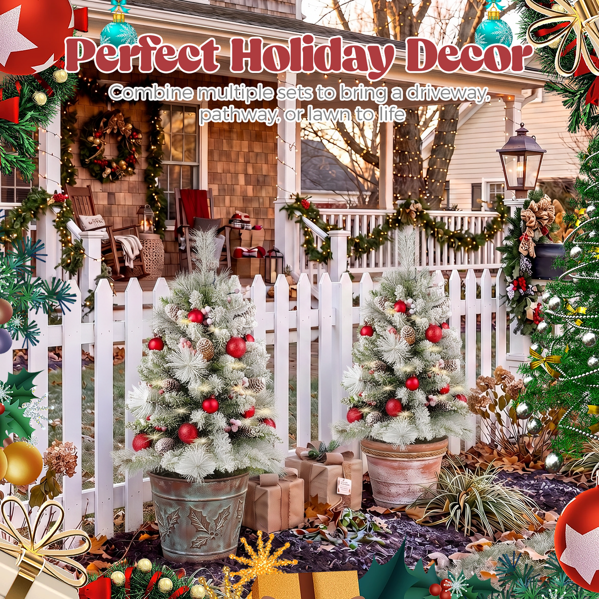 2Pcs 76cm Artificial Christmas Tree PVC Outdoor Decorative Mini Xmas Tree Set, Red Bows & Glitter Ornaments