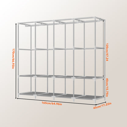 Portable Closet, 65" H Wardrobe Closet for Hanging Clothes 8 Storage Organizer Shelves with 4 Hanging Rods,Grey