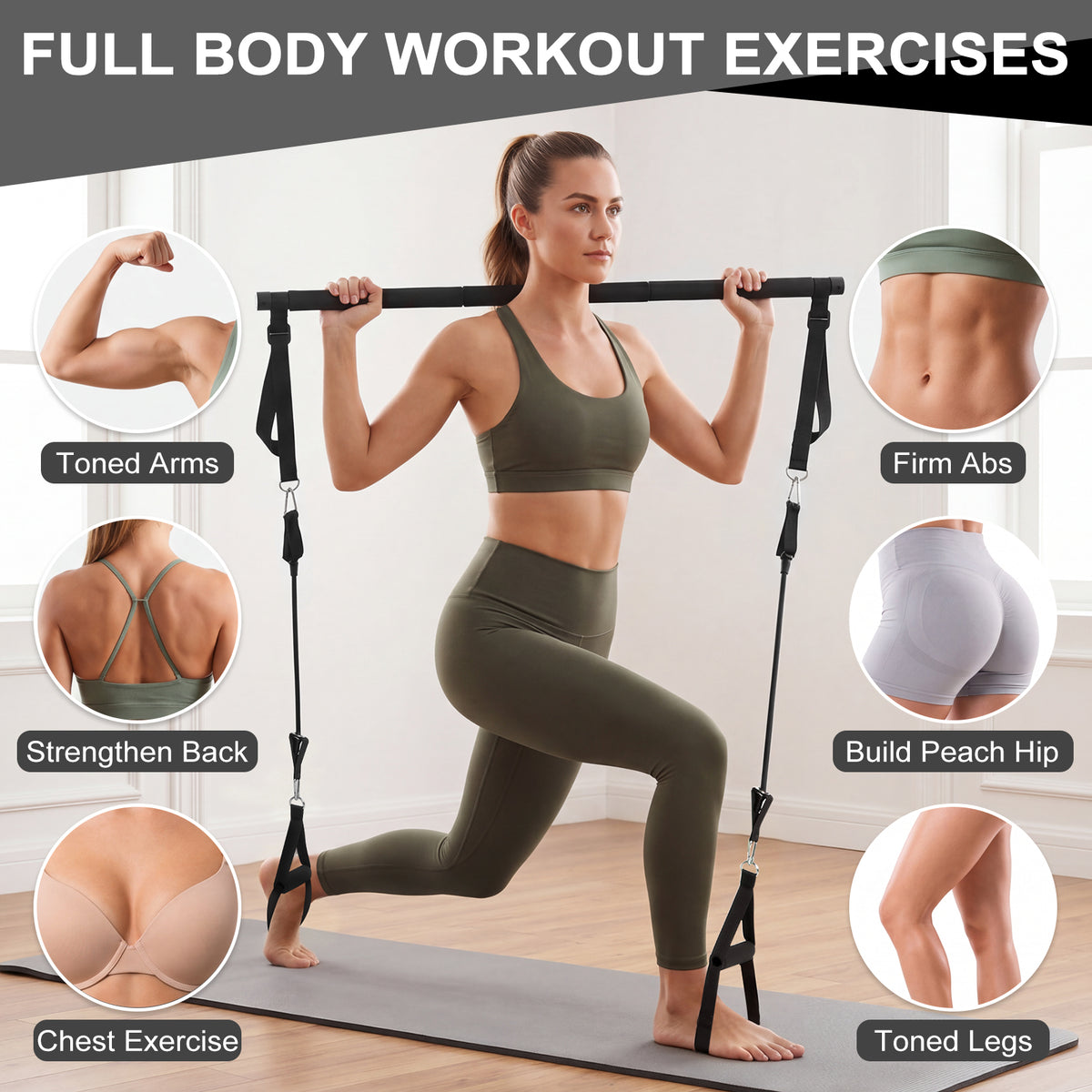 Pilates Bar Kit with 20 30 40 Lbs Resistance Bands,Workout Equipment for Legs,Hip,Waist and Arm,Exercise Fitness Equipment for Women & Men Home Gym Yoga Pilates,Black