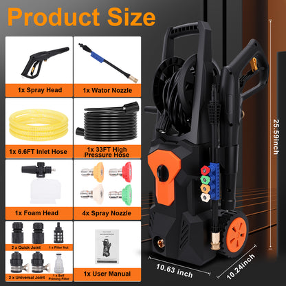 Electric Pressure Washer, 4500PSI Max 3.2 GPM 33FT Hose w/ Hose Reel , 4 Connect Nozzles Foam Cannon for Cars, Fences, Driveways, Patios, Home Cleaning