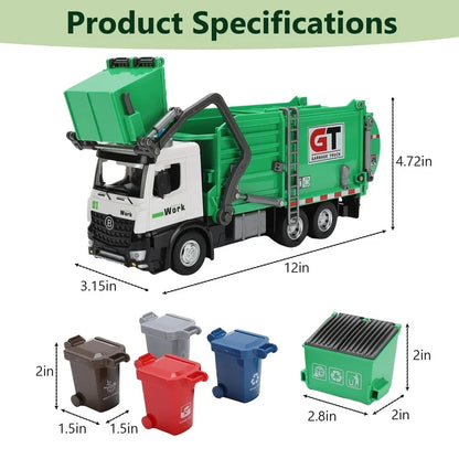 Garbage Truck Toys Set Includes Dumpster, 4 Trash Bins and Learning Cards for Kids, Large Friction Powered Trash Truck Toy with Light and Sounds, Boy Toys Birthday Gift for Boys Girls Toddler