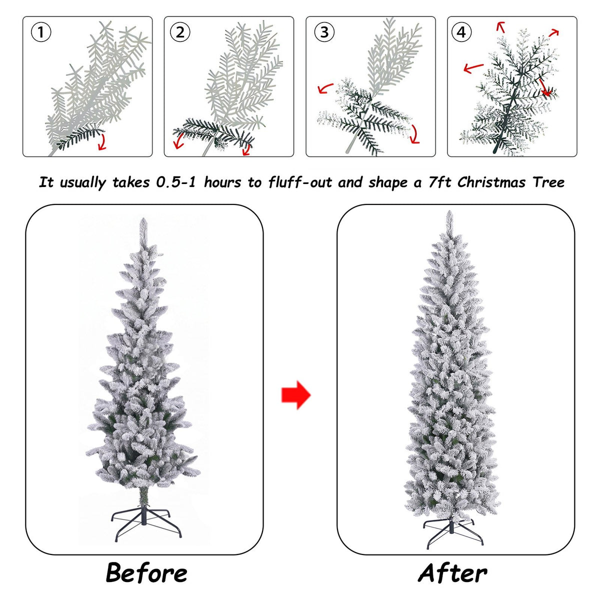 7ft Pencil Christmas Tree, Artificial Slim White Christmas Tree with 436 PVC Needles & Folding Metal Stand, Unlit Xmas Tree for Home Office Shops Hotels Decoration