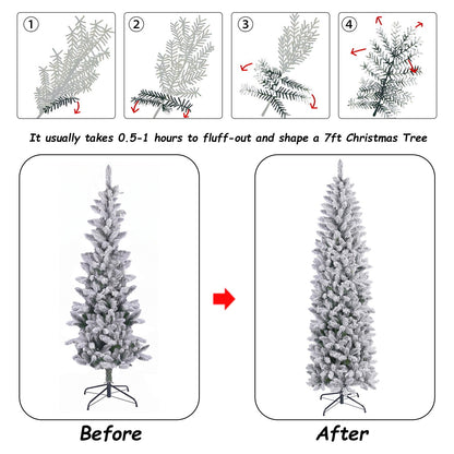 7ft Pencil Christmas Tree, Artificial Slim White Christmas Tree with 436 PVC Needles & Folding Metal Stand, Unlit Xmas Tree for Home Office Shops Hotels Decoration