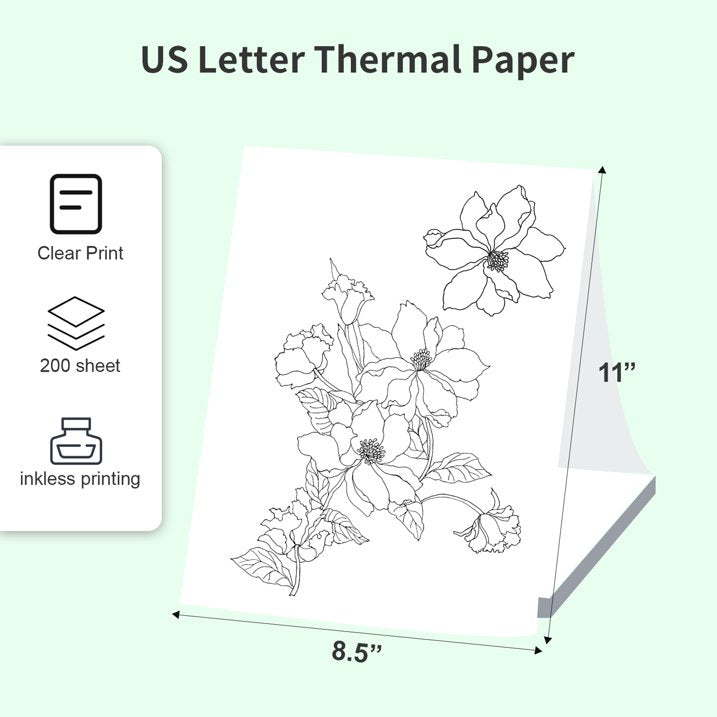 200 Sheets Thermal Printer Paper 8.5'' x 11'' US Letter Size, Folding Thermal Paper Compatible with Portable Thermal Printer, Quick-Dry Advanced Printing Paper for Homework Picture Documents
