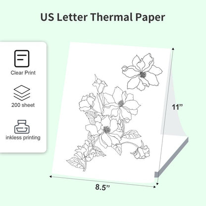 200 Sheets Thermal Printer Paper 8.5'' x 11'' US Letter Size, Folding Thermal Paper Compatible with Portable Thermal Printer, Quick-Dry Advanced Printing Paper for Homework Picture Documents