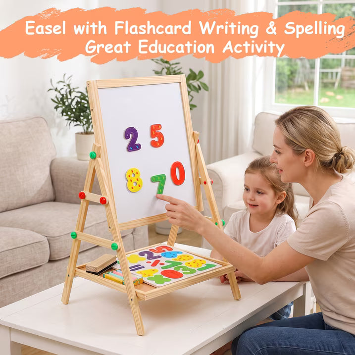 Painting Wooden Art Easel for Kids, 2-in-1 Double-Sided Drawing Board, Chalkboard & Dry Whiteboard with Markers, Eraser, Magnetic Letters/Numbers, Standing Easel Set for Xmas Birthday Holiday Gifts