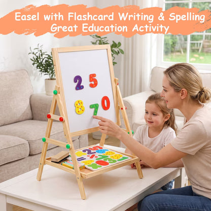 Painting Wooden Art Easel for Kids, 2-in-1 Double-Sided Drawing Board, Chalkboard & Dry Whiteboard with Markers, Eraser, Magnetic Letters/Numbers, Standing Easel Set for Xmas Birthday Holiday Gifts