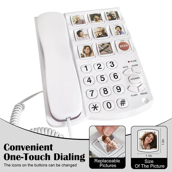 Big Button Telephone, Easy To Read Amplified Photo Memory Corded Landline For Seniors Elderly