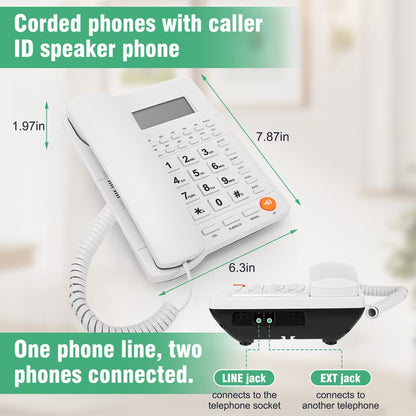 Corded Telephone with Caller ID, Landline Phone Call Waiting Caller ID Memory, Last Number Redial, Big Buttons, Adjustable Volume, Speakerphone for Home Office Hotel & Small Business Use, White