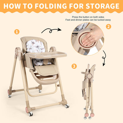 Loewten 3-in-1 Baby High Chair,Convertible Baby Swing,Foldable Infant Dining Chairs Seat with Wheels for Babies and Toddlers,Brown