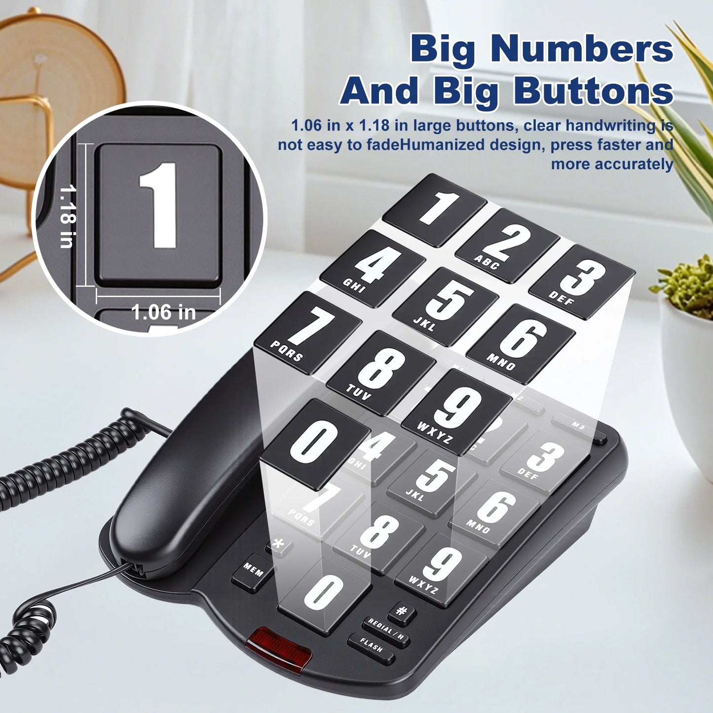 Big Button Phone for Seniors, Corded Landline Telephone for Elderly w/ Visually Disorders/Hearing Damage, Adjustable Volume Large Key Wired Telephone, One-Touch Dialling, Extra Loud Ringer, Black