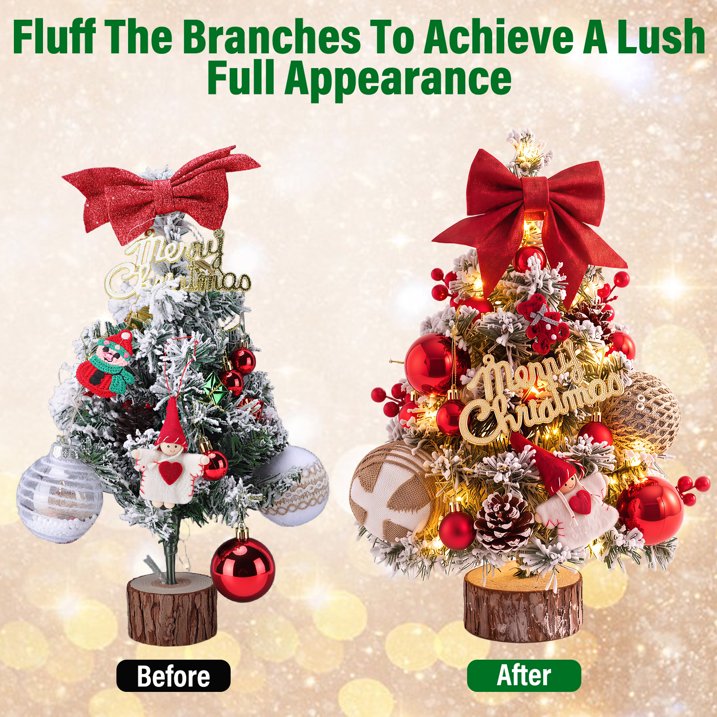 45cm Snow Flocked Mini Xmas Tree with Lights/Base Pinecones Red Berries Artificial Tabletop Xmas Tree for Festive Home Decor Red