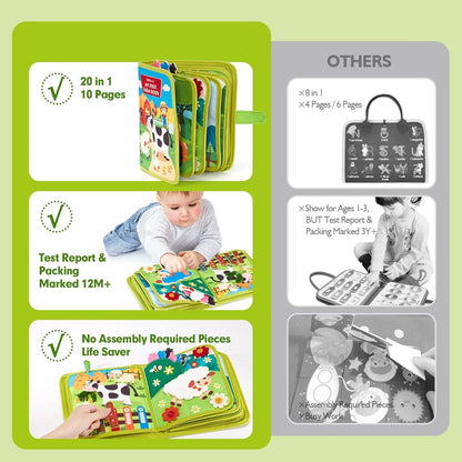 Busy Book for Baby 1-3 Montessori Toys Busy Board for 1 Years Old Boys Girls Early Educational Learning Activities Book for Toddlers