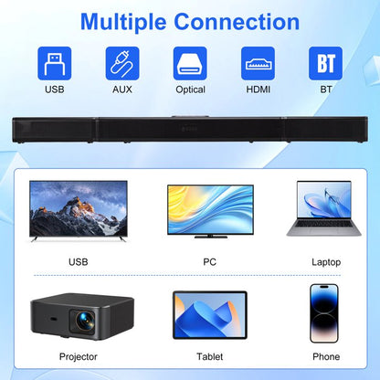 Sound Bar for Smart TV, Soundbar with Bluetooth/ARC/Opt/AUX Connect, Auto Volume Boost, 3 Equalizer Modes, 2 in 1 Detachable Soundbar for TV/PC/Gaming/Projectors