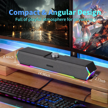 Computer Speakers for Desktop PC, 3.5mm PC Sound Bar for Desktop Monitor/Laptop, Wired USB-Powered Gaming Speakers with Colorful LED Light, Touch-Control Backlit w/ Volume Knob, Plug and Play