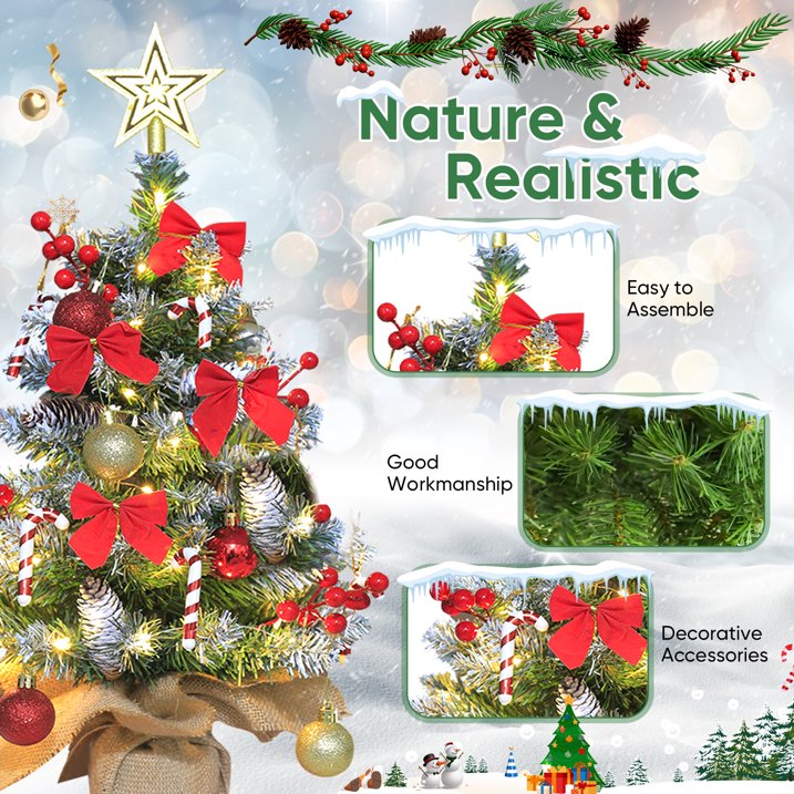 24 inch Tabletop Christmas Tree, 2ft Pre-Lit Christmas Tree w/ Star Treetop, Mini Xmas Small potted Tree w/ LED String Lights, Branch Tips DIY Ornaments, Pine Cones, Balls for Table Indoor Home, Red