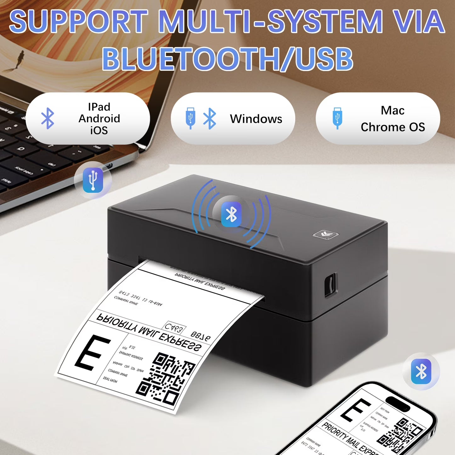 Bluetooth Thermal Printer, Wireless 4x6 Shipping Label Printer for Shipping Package and Small Business Compatible Windows, Mac, iOS, Android, Labels Maker Thermal Label Printer