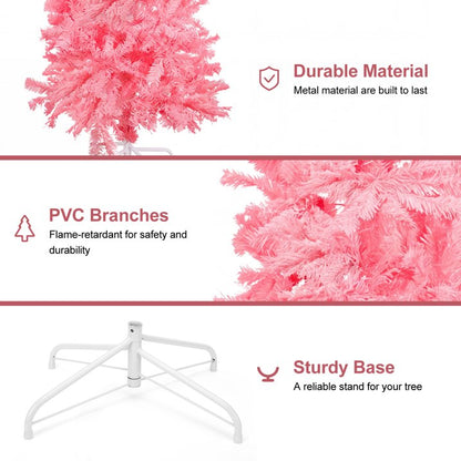 7ft Pink Pencil Christmas Tree, 840 Branch Tips with Sturdy Metal Stand Hinged Unlit Slim Artificial Xmas Tree Design for Holiday Decoration in Home, Office and Party Spaces