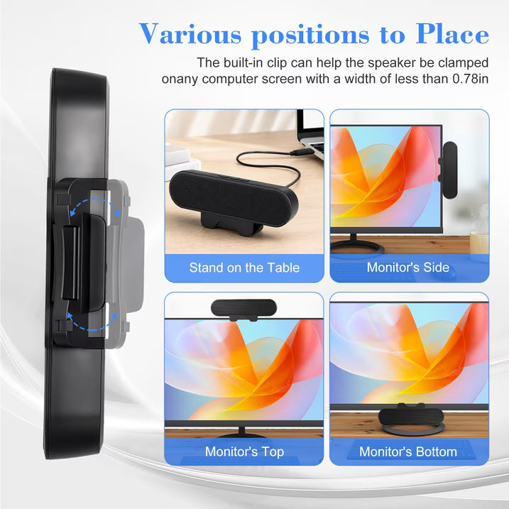 Computer Speakers for Desktop PC Monitor, USB Plug-in, Wired, Computer Soundbar for PC, Laptop Speakers with Adaptive-Channel-Switching, Loud Sound, Deep Bass, USB C Adapter, Easy to Clip on Monitor