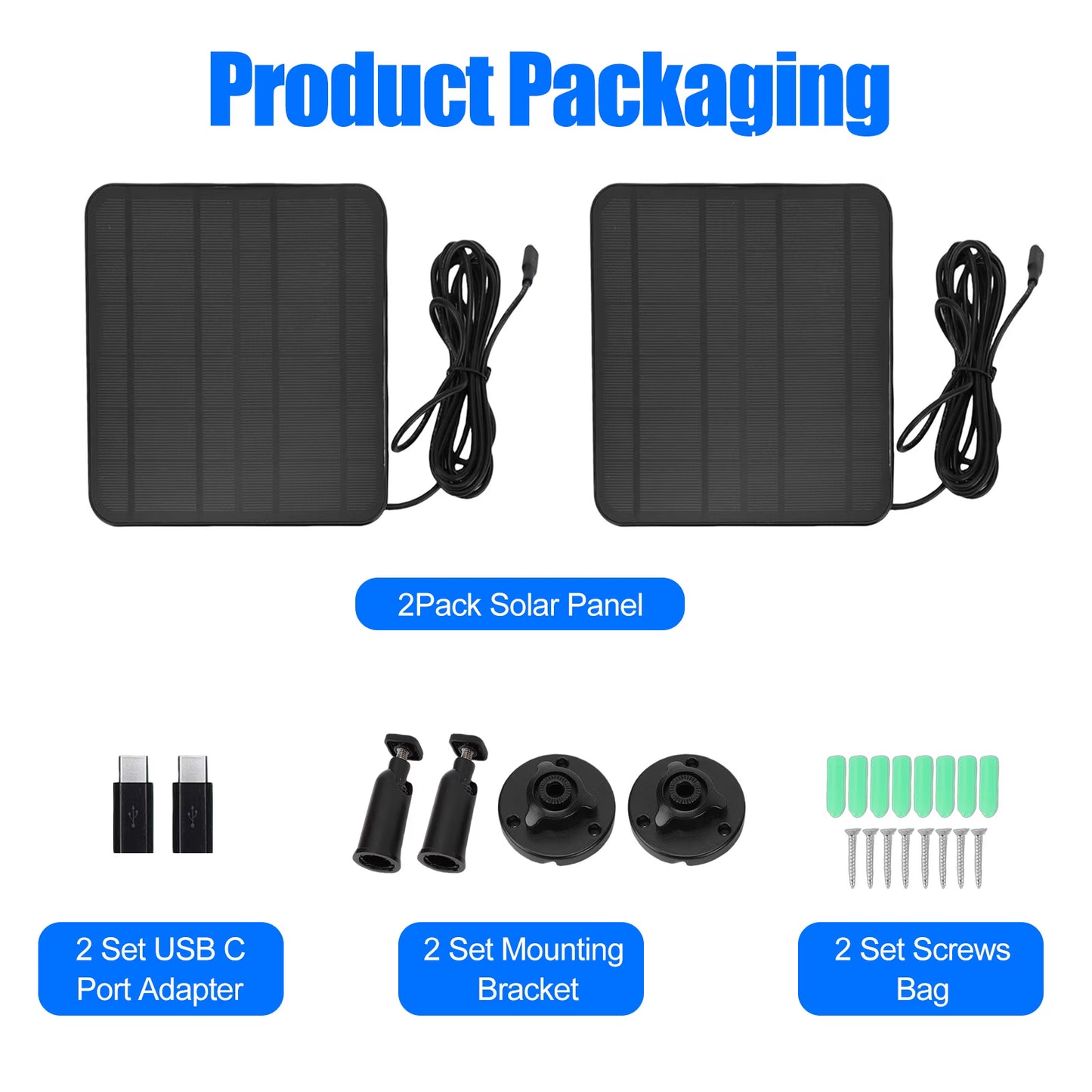2Pack 12W Solar Panel for Security Camera Outdoor, 5V Micro USB/USB C Solar Panel Charger Compatible with Rechargeable Battery Powered Cam, IP65 Waterproof, 9.8ft Cable, 360° Adjustable Bracket