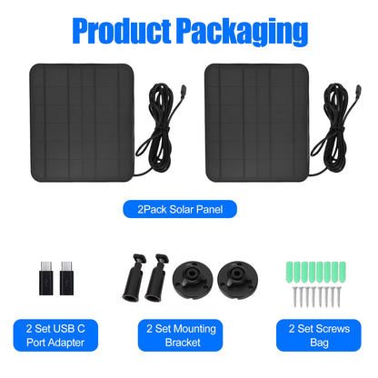 2Pack 12W Solar Panel for Security Camera Outdoor, 5V Micro USB/USB C Solar Panel Charger Compatible with Rechargeable Battery Powered Cam, IP65 Waterproof, 9.8ft Cable, 360° Adjustable Bracket