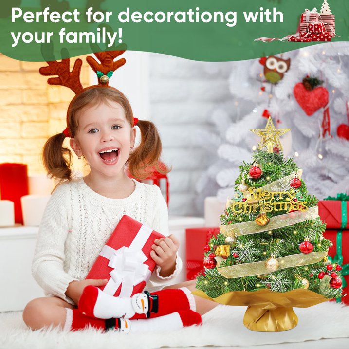 24 inch Tabletop Christmas Tree with LED String Lights/Red Berries Pine Cones, Pre-Lit Mini Christmas Tree w/ 30 DIY Ornaments, 2ft Small Artificial Xmas Tree for Holiday Indoor Christmas Decoration