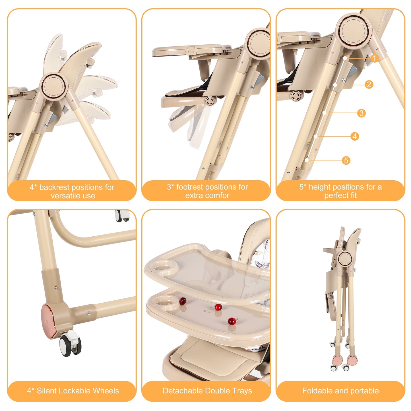 Loewten 3-in-1 Baby High Chair,Convertible Baby Swing,Foldable Infant Dining Chairs Seat with Wheels for Babies and Toddlers,Brown