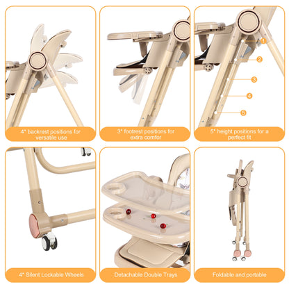 Loewten 3-in-1 Baby High Chair,Convertible Baby Swing,Foldable Infant Dining Chairs Seat with Wheels for Babies and Toddlers,Brown